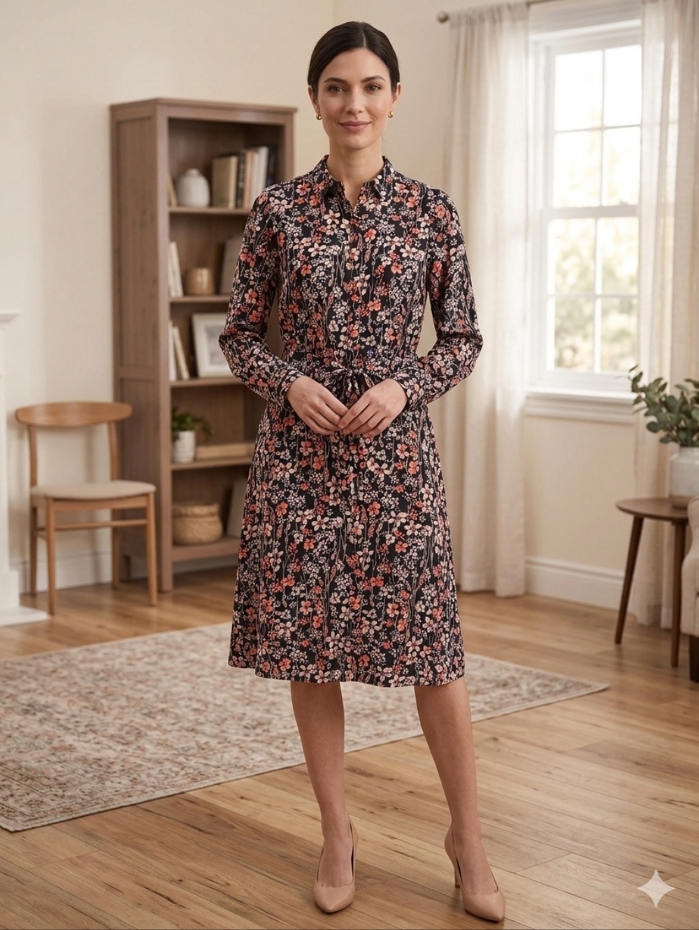 NWOT Floral Tie-Waist Shirt Dress - Black with Coral Pink & White Flowers
